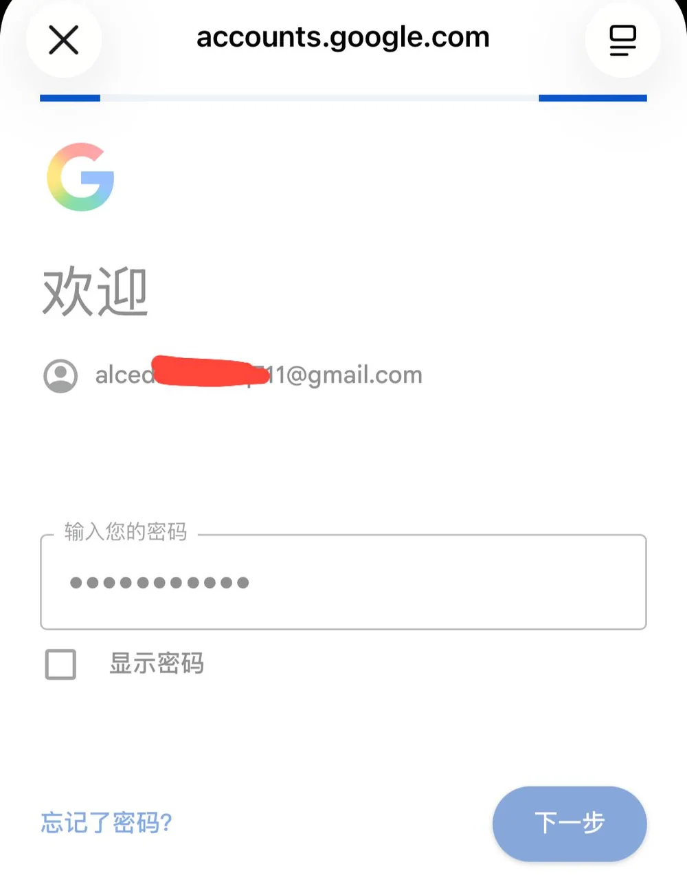 Gmail 登录步骤二：输入密码并点击下一步